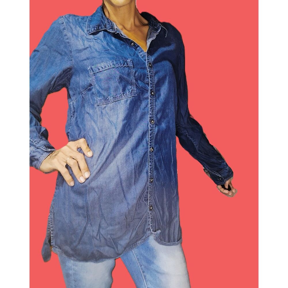 Maurices Denim Look Hi-Lo Button Up Long Sleeve Shirt Large Chest Pocket